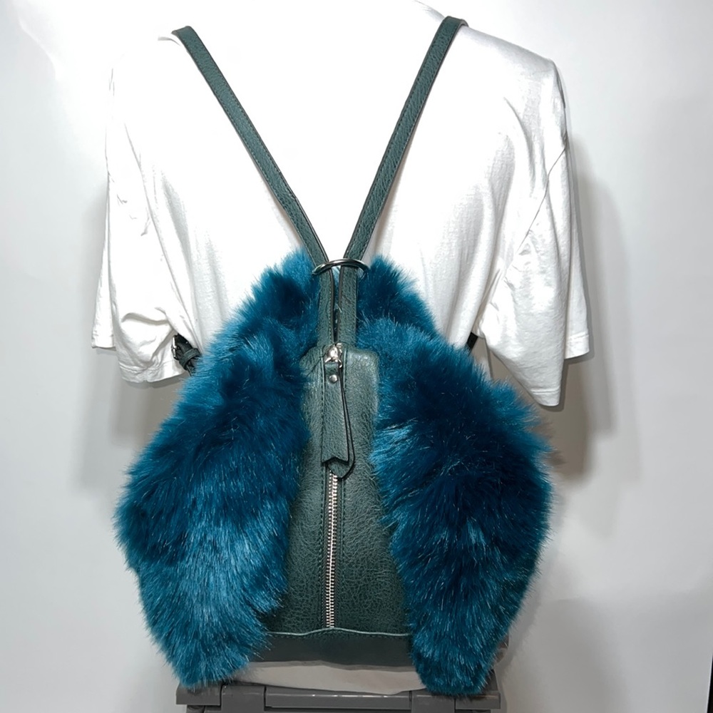 Faux fur Free People dark teal convertible backpack handbag purse boho h…